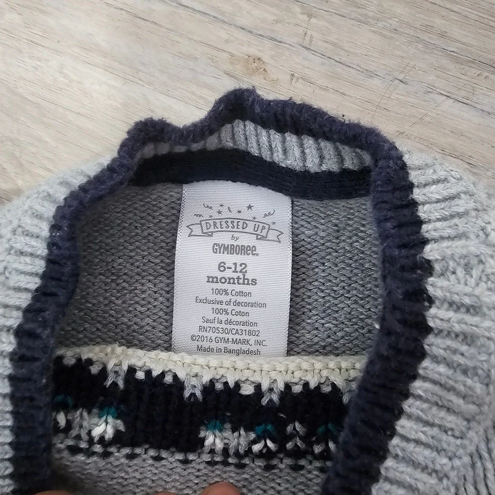 Gymboree Dressed Up Boys Grey Blue Train Knit‎ Cotton Sweater 6-12 Months